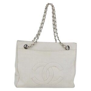 CHANEL Chain Shoulder Bag Grained Calf Skin White Silver CC Auth BA6376